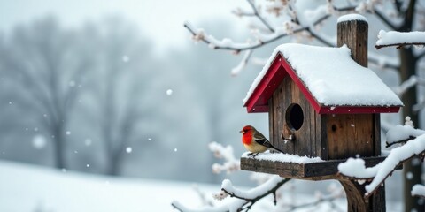 Naklejka premium Winter avian visitor perched on a snow-covered birdhouse, amidst a softly falling snow, creating a tranquil winter scene.