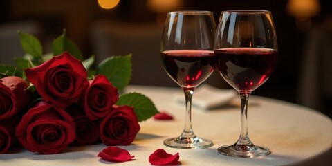 Romantic dinner setting with red wine and roses