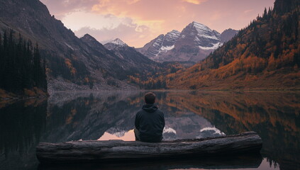 Peaceful morning by a mountain lake as a man sits alone on the dock. Soft light, calm reflections, and towering peaks create a perfect backdrop for mindfulness and nature retreat visuals.



