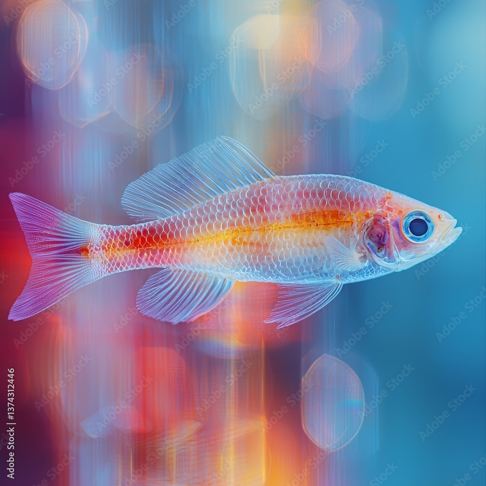 Poster small bright fish floating in colorful digital background rendered with detail and reflection expres