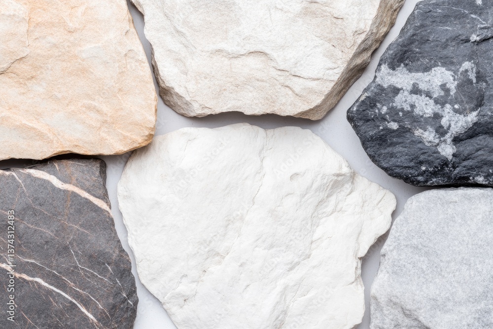 Poster capture close-up of various stone textures merging seamlessly in abstract fashion showing natural to