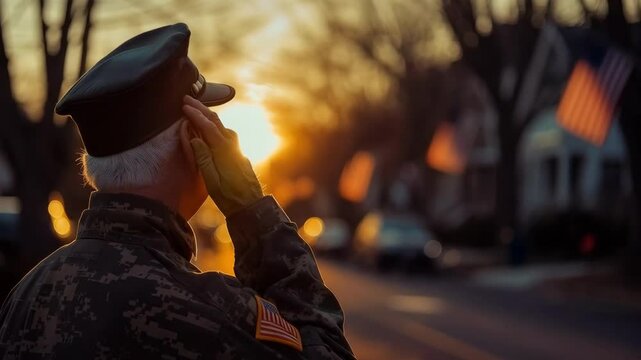 A respectful elderly veteran in military uniform salutes the American flag in a solemn Memorial Day ceremony, embodying patriotism and honor