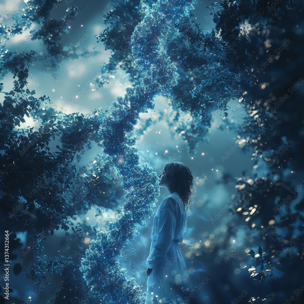 Poster person in protective suit moving through deep blue forest of microscopic particles and abstract bran