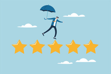Performance review, annual employee evaluation, appraisal or rating feedback, success five stars employee, excellent feedback opinion concept, businessman balance himself on stars rating evaluation.