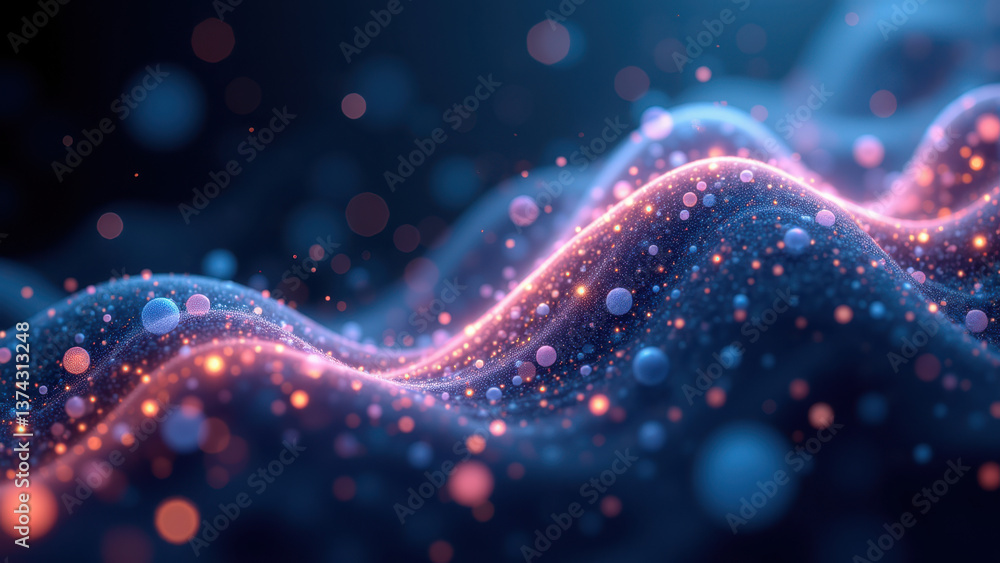 Poster image showcasing a colorful abstract representation with shapes reminiscent of molecular structure, 