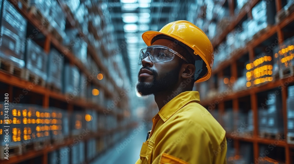 Poster a worker wearing a hard hat and safety goggles surveys the inventory in a spacious warehouse. the en