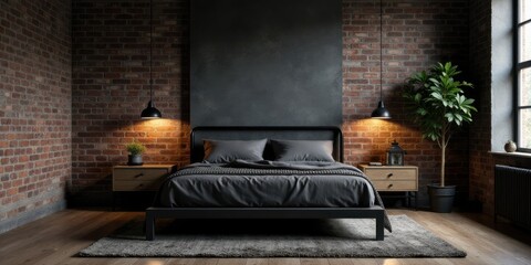 Modern Industrial Bedroom Interior Design with Dark Tones and Exposed Brick Walls
