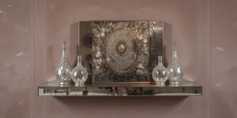  Luxury Living Mirrored Floating Shelf Displaying Metallic Art and Crystal Vases Against a Deep Velvet Wall