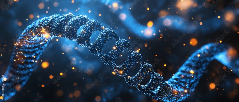 Poster glowing dna helix strand with molecular particles in motion floating in dark blue background represe