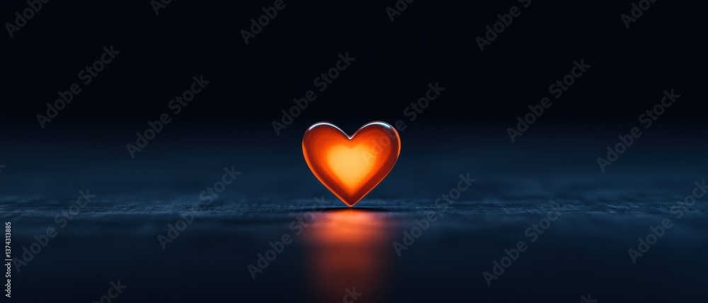 Poster close-up of a single orange heart on a dark blue background. the heart is in the center of the image