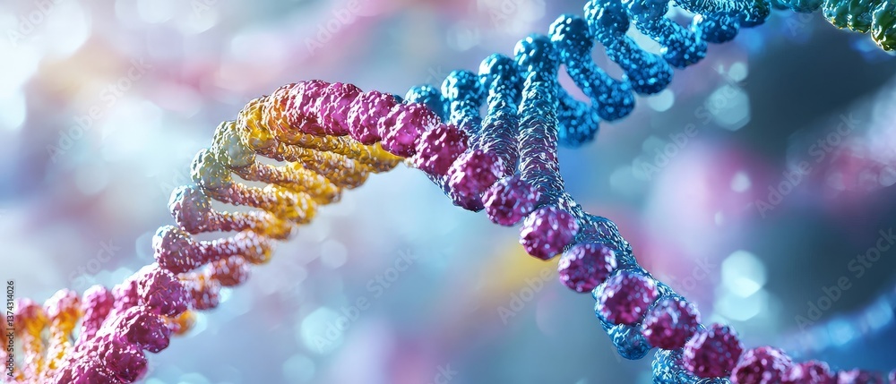 Aufkleber colorful biotechnology dna strand closeup with luminescent particles in synthetic microscopic view r