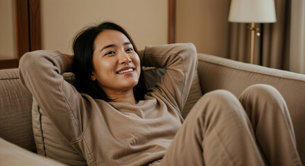 Fototapeta premium A woman enjoys a moment of relaxation on a comfortable sofa. She smiles contentedly while resting her hands behind her head, embodying a serene atmosphere in her cozy living space