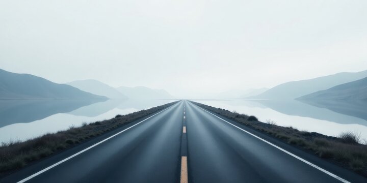 Asphalt ribbon unwinding towards a hazy horizon, mirrored in tranquil waters, flanked by serene hills under a pale sky