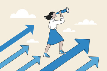 Searching for growth opportunity, vision to look and see future, challenge ahead or motivation to grow business concept, businesswoman on arrows look through binoculars to find business opportunity.