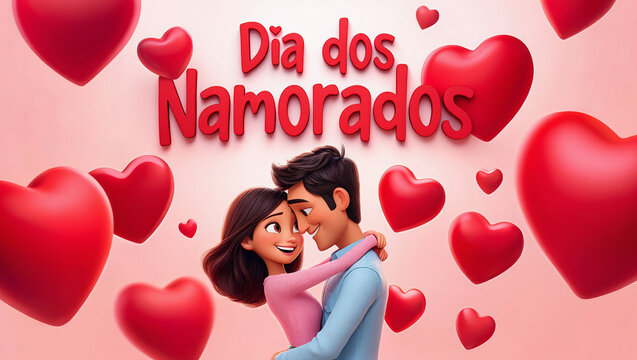 Ilustra&ccedil;&atilde;o de um casal apaixonado em um abra&ccedil;o com cora&ccedil;&otilde;es vermelhos e texto "Dia dos Namorados" em fundo rosa, ideal para celebra&ccedil;&otilde;es rom&acirc;nticas.