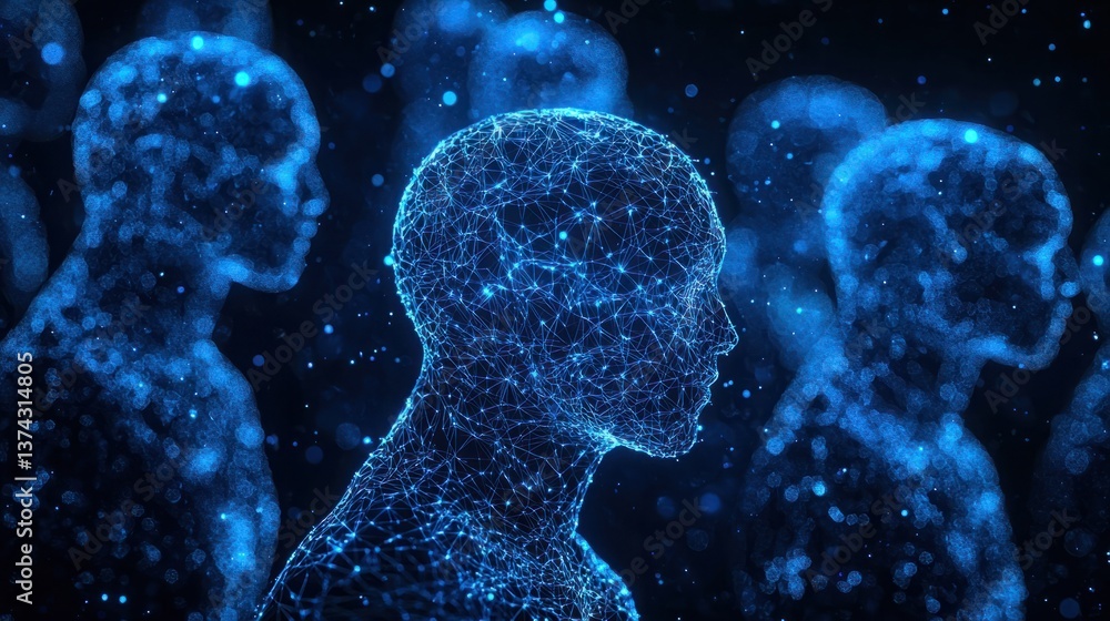 Poster abstract representation of human-like figures in blue light, symbolizing language, ai, and computati