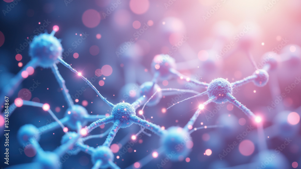 Poster glp-1 peptide molecule floating through a microscopic world of biochemistry.
