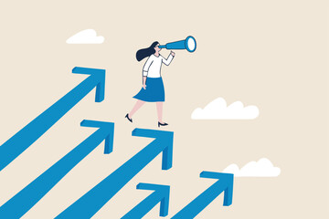 Searching for growth opportunity, vision to look and see future, challenge ahead or motivation to grow business concept, businesswoman on arrows look through binoculars to find business opportunity.