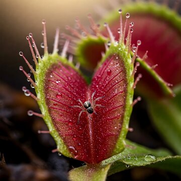 Macro of Venus flytrap with spider and water droplets