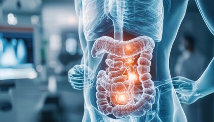 A futuristic artificial intelligence-assisted medical scan, showing a full-body transparent view with a glowing gastrointestinal tract and a detected tumor in the colon.