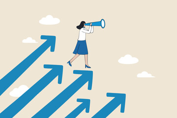 Searching for growth opportunity, vision to look and see future, challenge ahead or motivation to grow business concept, businesswoman on arrows look through binoculars to find business opportunity.