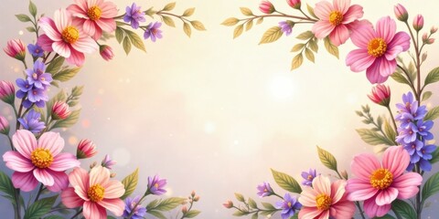 Naklejka premium Delicate Pink and Purple Blossoms Frame a Soft, Light Background, Ideal for Springtime Announcements or Invitations