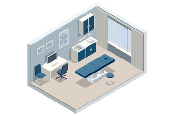 Fototapeta premium Isometric vector illustration of a modern massage and rehabilitation room featuring an adjustable massage table, spine diagram, computer desk, cabinets, chairs, and a large window.