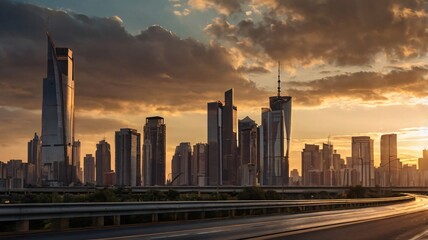 Naklejka premium City Skyline at Sunset with Highway
