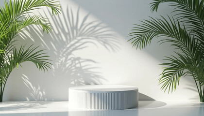 Fototapeta premium Minimalist Tropical Display with Palm Leaves and Sunlight Makeup booth & e-commerce scene & Item display stand