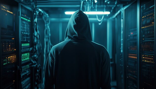 Dark Atmosphere And Multiple Displays: Hooded Hacker Breaches Corporate Data Servers From Underground Hideout, Surrounded By Cables In Shot From Behind.