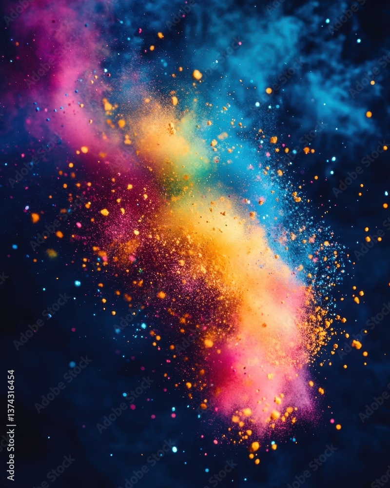 Poster vibrant explosion of colorful powder paint against a dark backdrop creating an abstract dynamic scen
