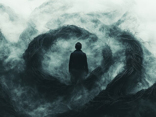 Obraz premium Conceptual representation of decision-making overwhelmed by cognitive biases in a foggy environment