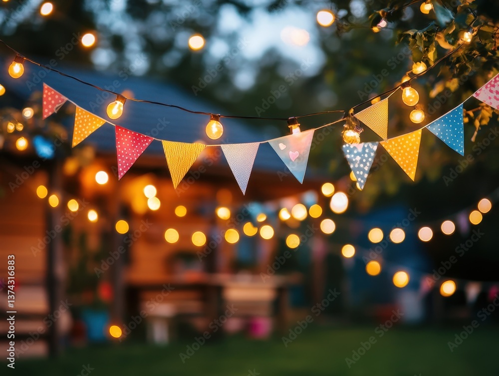 Poster festive garden party ambiance with string lights and colorful bunting flags creating a cheerful atmo
