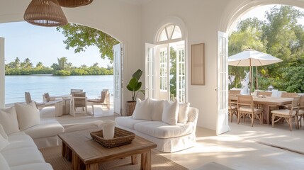 Fototapeta premium A serene, inviting outdoor patio area, opening onto a picturesque view of water and greenery