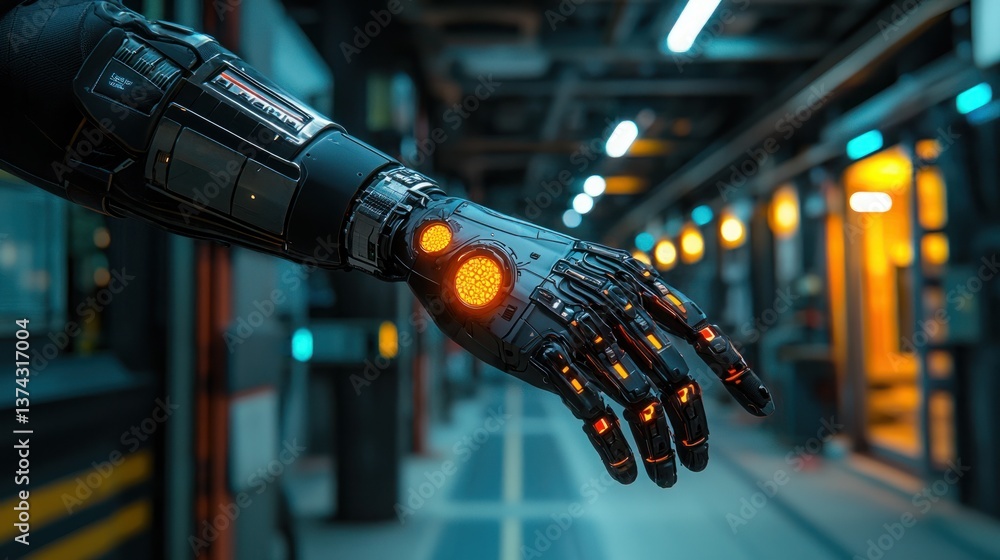 Poster futuristic robotic hand design showcasing advanced technology in a modern environment with illuminat