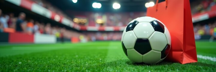 Fototapeta premium Close-up of football with shopping bag in sports store, clothing, retail, shopping