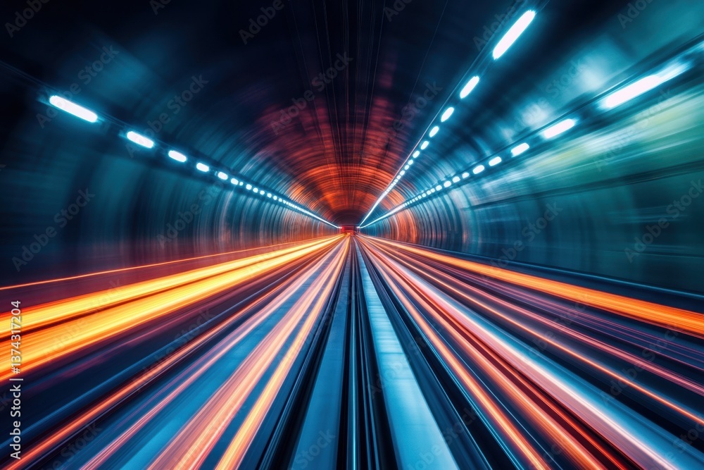 Poster dynamic motion blur in a futuristic tunnel with vibrant orange and blue light streaks creating a sen