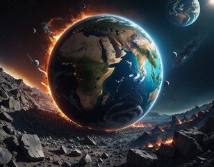 In a stunning cosmic setting, Earth is illuminated by fiery edges while other planets orbit nearby