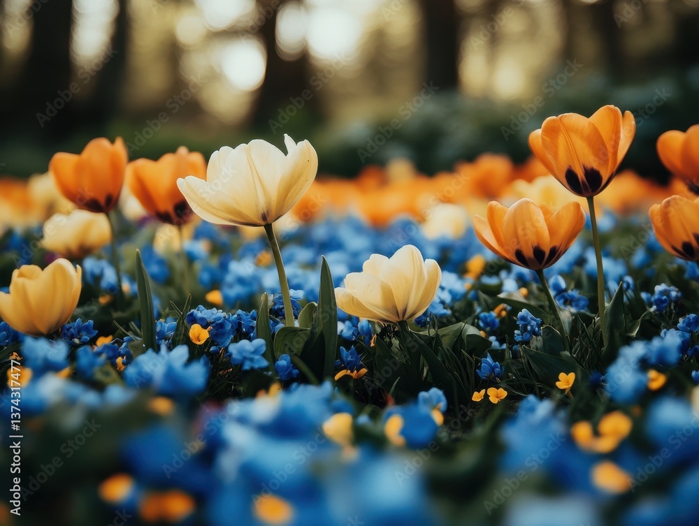 Poster captivating field of tulips and forget me nots in a serene garden setting with soft focus and warm t
