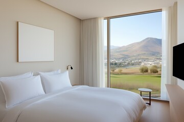 A spacious bedroom with a large window showcasing scenic landscape view. The bed is elegantly made, and a serene atmosphere is present