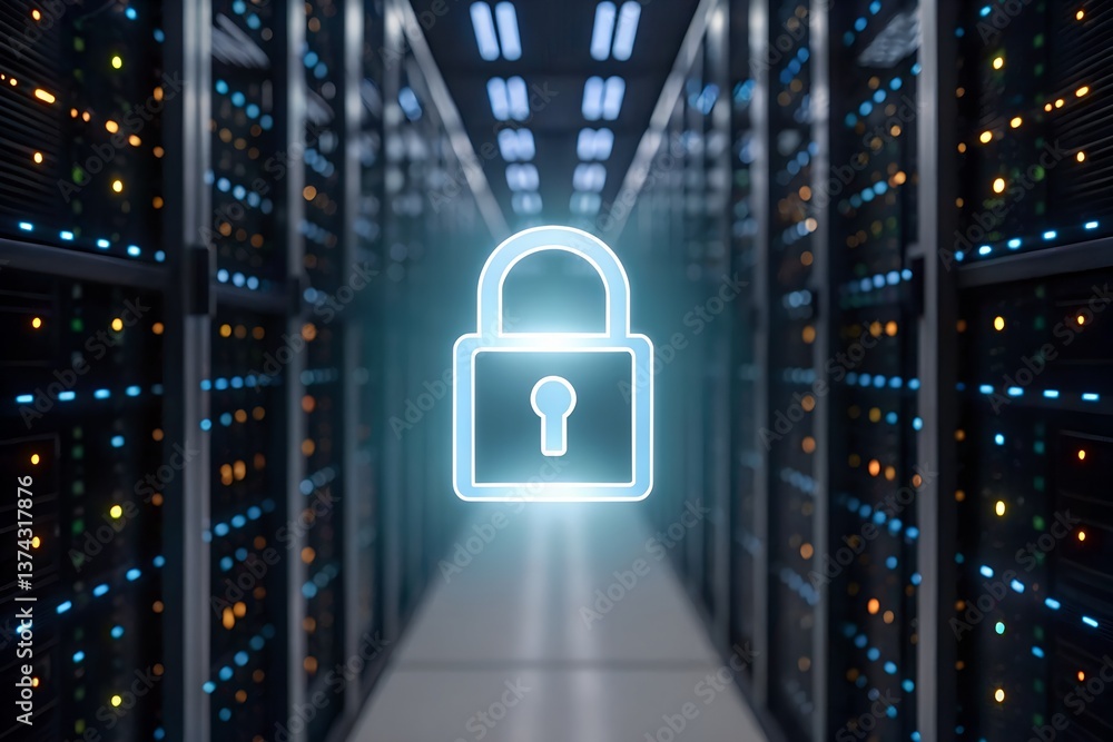 Poster floating digital lock icon over encrypted firewall digital server room with a glowing padlock symbol