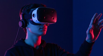 A person wearing a vr headset and headphones with hand outstretched in a dark blue and red lit room