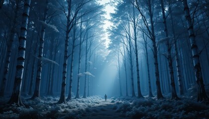 Naklejka premium Cool Toned Forest with Beam of Light, Dramatic and Moody Render