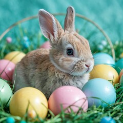 Adorable Baby Bunny Sitting Among Pastel-Colored Easter Eggs on a Vibrant Turquoise Background Perfect for Easter-Themed Designs Spring Celebrations Holiday Marketing and Cute Animal Stock Photography