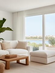 A modern living room with bright, inviting decor, and a serene view of the outside