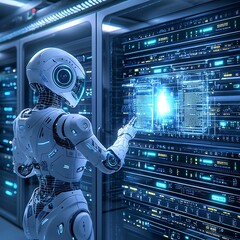 Obraz premium Robot managing server data center. (1)