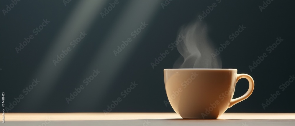Aufkleber close-up of a coffee cup on a wooden table. the cup is light brown in color and has a handle on the 
