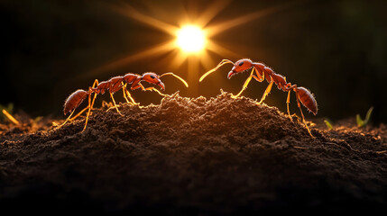 Fototapeta premium Ants working together to build an intricate nest in the soil, their tiny bodies moving in unison to create a complex structure in the earth.