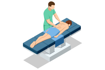 Isometric vector illustration of a therapist giving a back massage to a female client lying face down on an advanced adjustable massage table. © Golden Sikorka