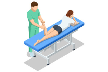 Isometric vector illustration showing a therapist massaging the foot and ankle area of a female patient lying prone on a massage table during rehabilitation.